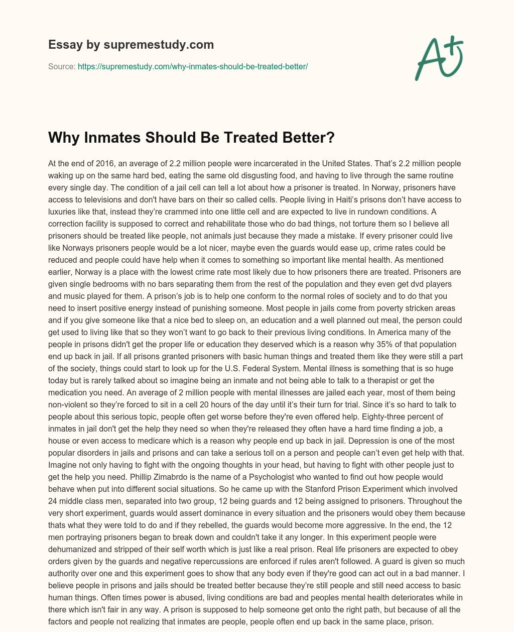 Why Inmates Should Be Treated Better? essay
