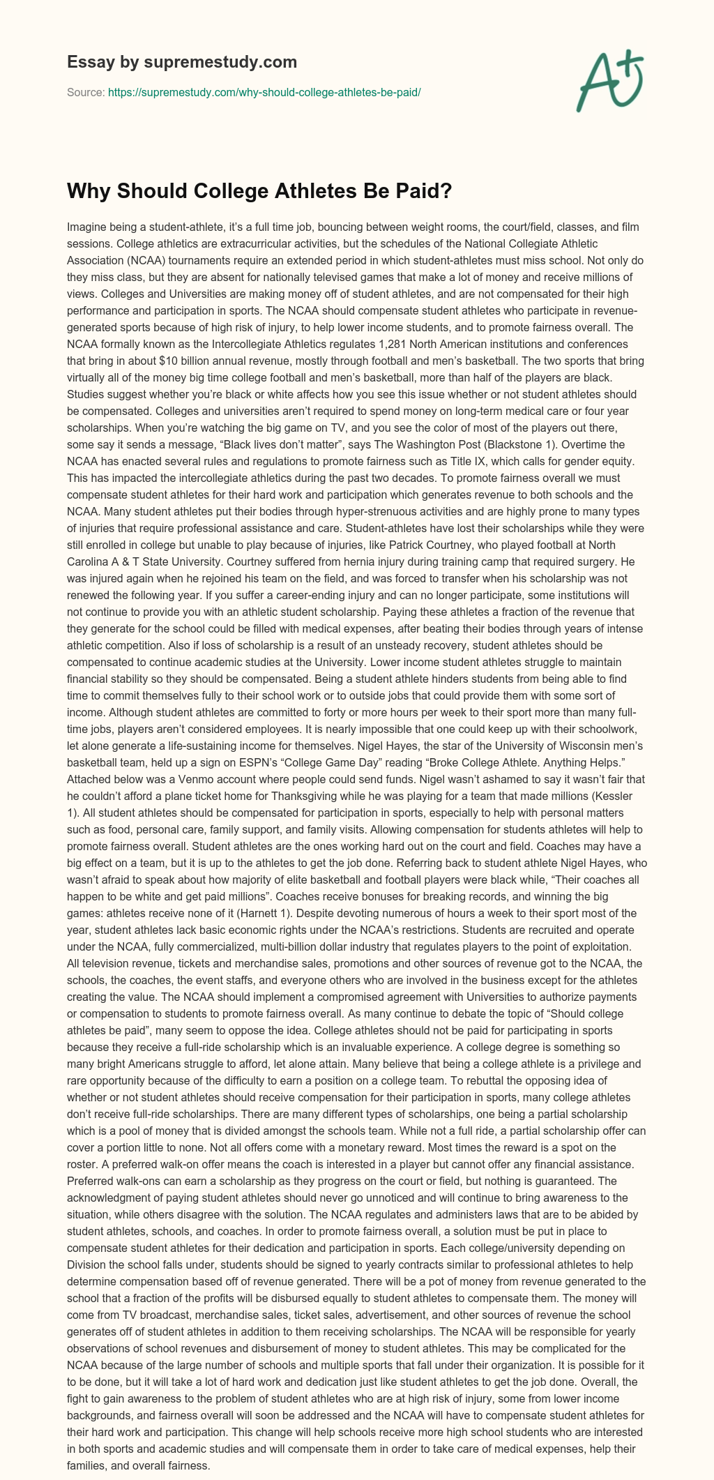 Why Should College Athletes Be Paid? essay