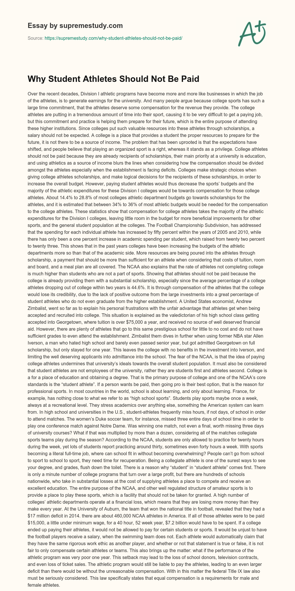 Why Student Athletes Should Not Be Paid essay