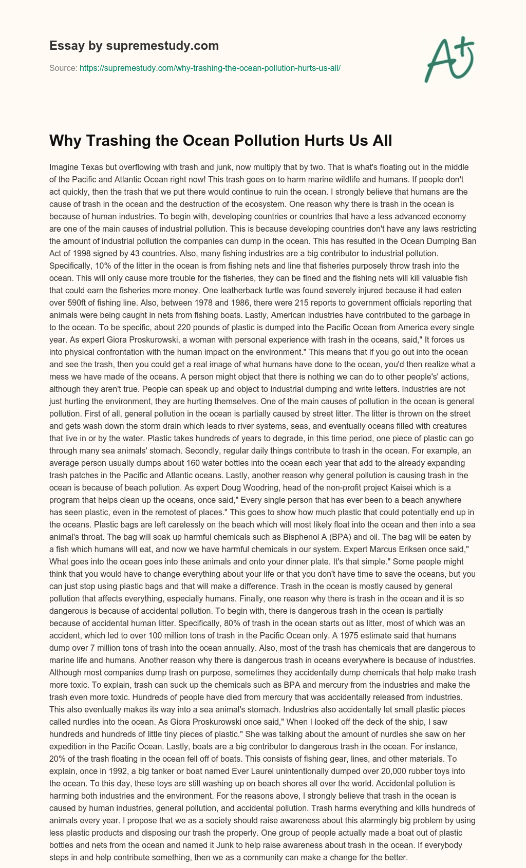 Why Trashing the Ocean Pollution Hurts Us All essay