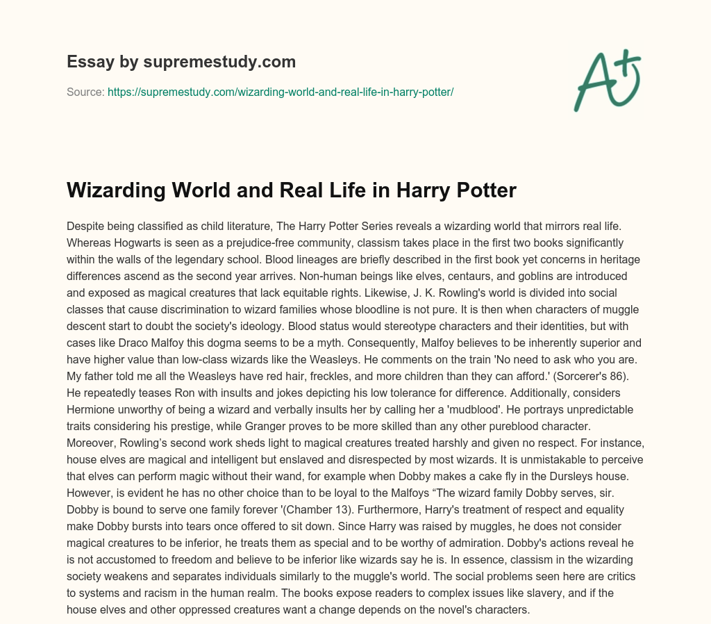 Wizarding World and Real Life in Harry Potter essay