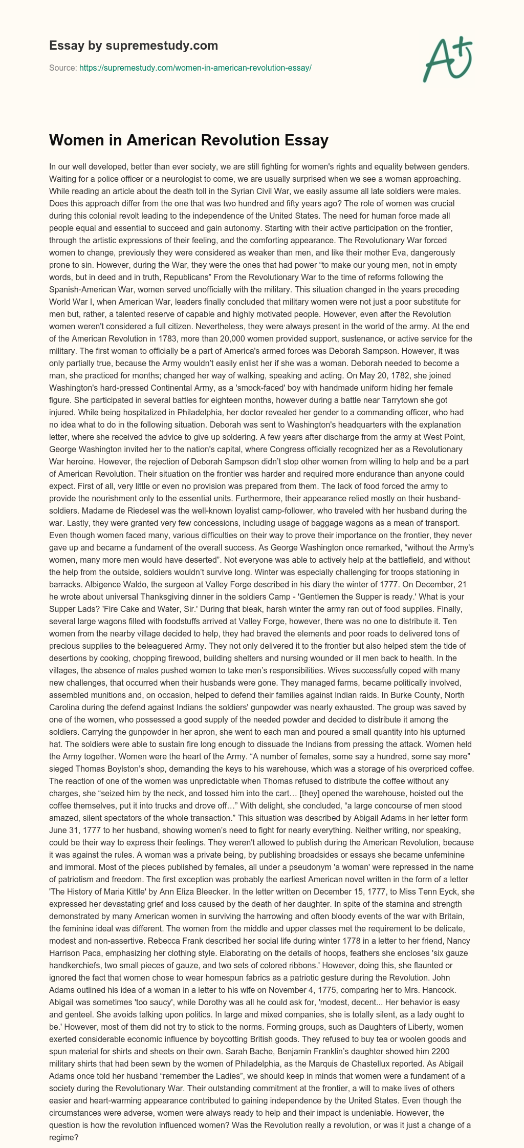Women in American Revolution Essay essay